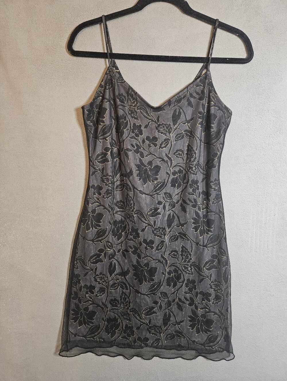 Vintage 90s Steppin Out Medium Slip Dress Mesh Black Floral Mini Whimsy Goth